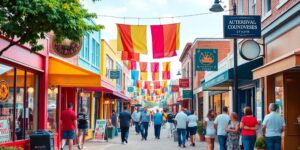 Colorful street scene with busy local businesses and customers.