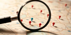 Magnifying glass on a map with location pins.